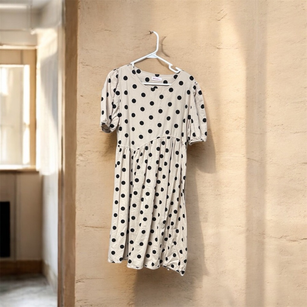 Miiow Polka Dot Dress in Cream and Black midi dress scoop neck short sleeve